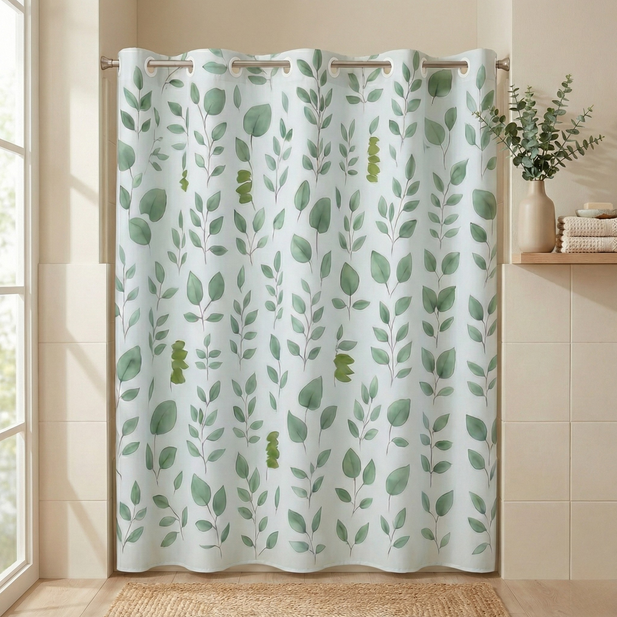 Shower curtain with green leaf pattern in a bathroom setting