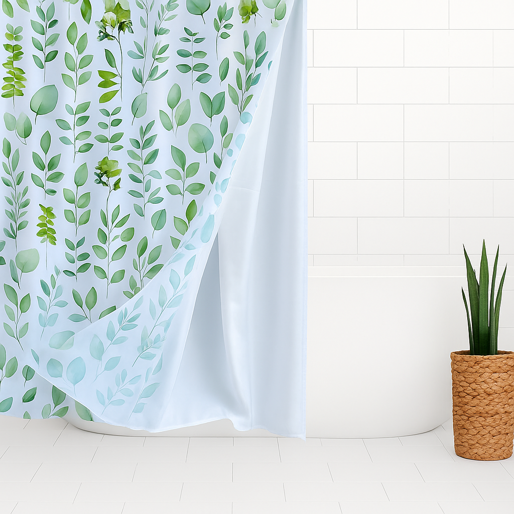no hook shower curtain, green botanical curtain set, removable liner, washable