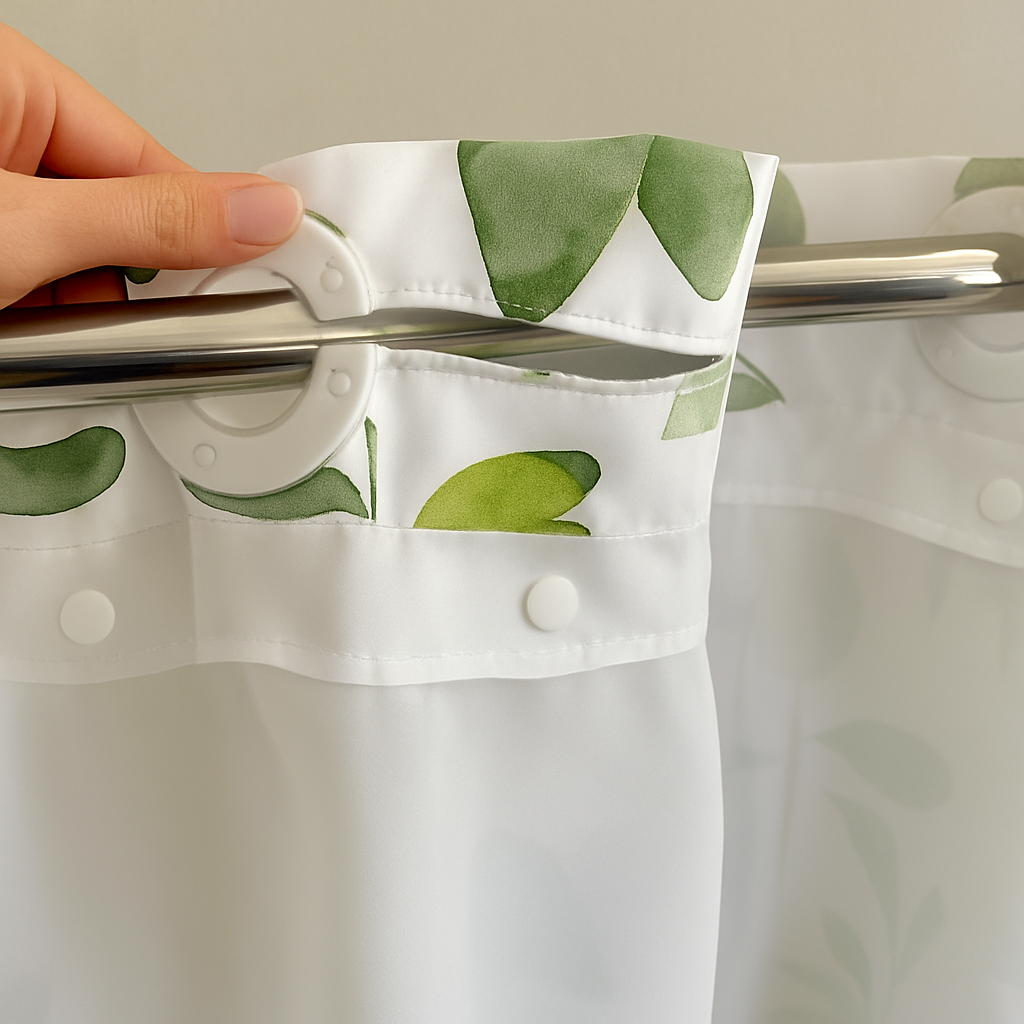 Fresh green botanical shower curtain, hook-free design with removable liner.
