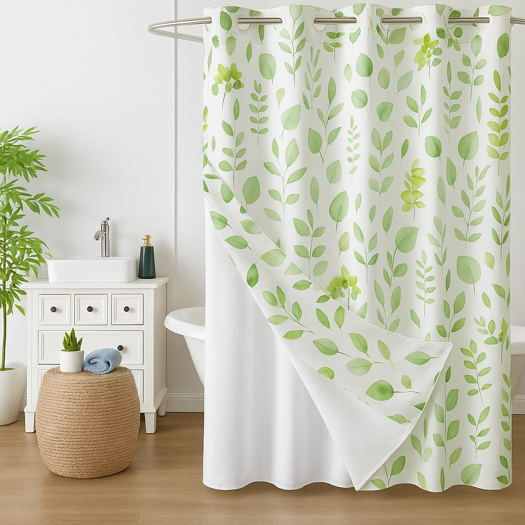 Modern floral green hookless shower curtain with snap-in liner, waterproof and easy to install.