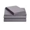 Neatly folded 4-piece grey striped bed sheet set including a flat sheet, fitted sheet, and two pillowcases

