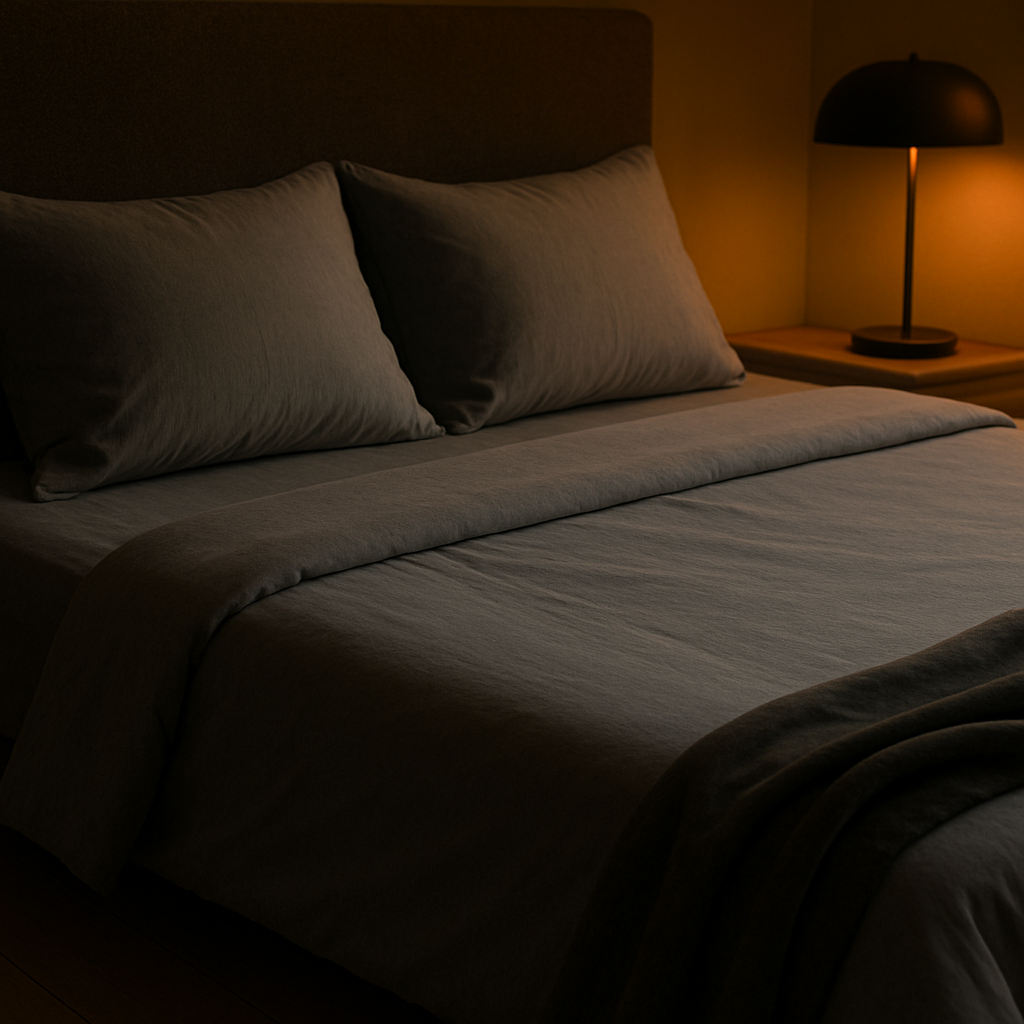 Dark gray minimalist bed sheets in soft natural light with a modern black lamp.