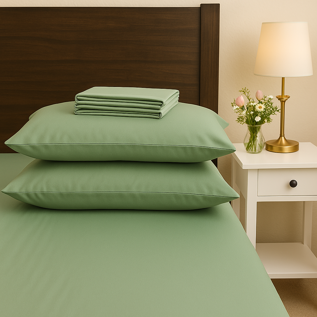 Sage green cotton bedsheet in a cozy, minimalist bedroom setting