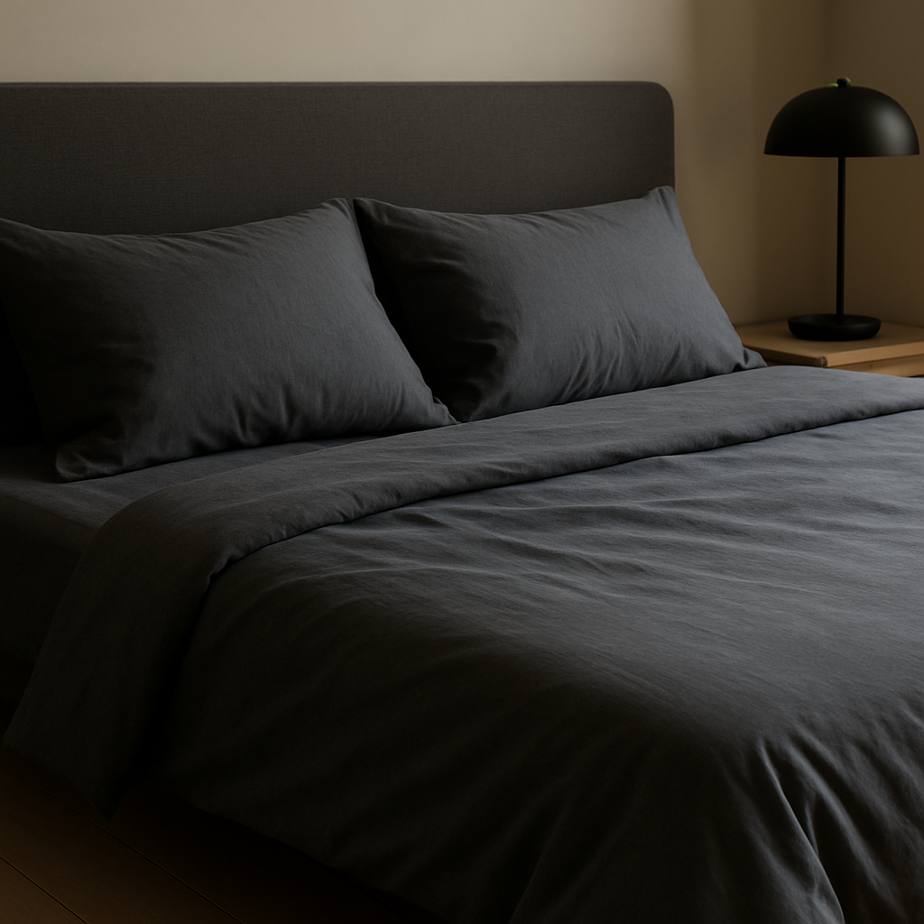 Close-up of minimalist dark gray bed sheets and pillows on a modern bed with soft natural lighting and a black bedside lamp – Ulap Bedsheet