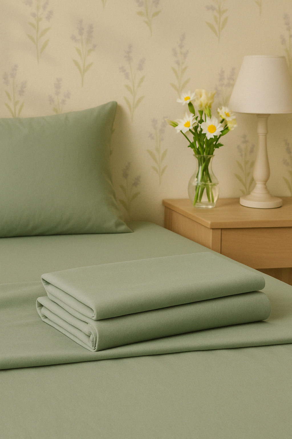 Neatly folded sage green bedsheet set displayed on matching fabric for a calm, minimalist look