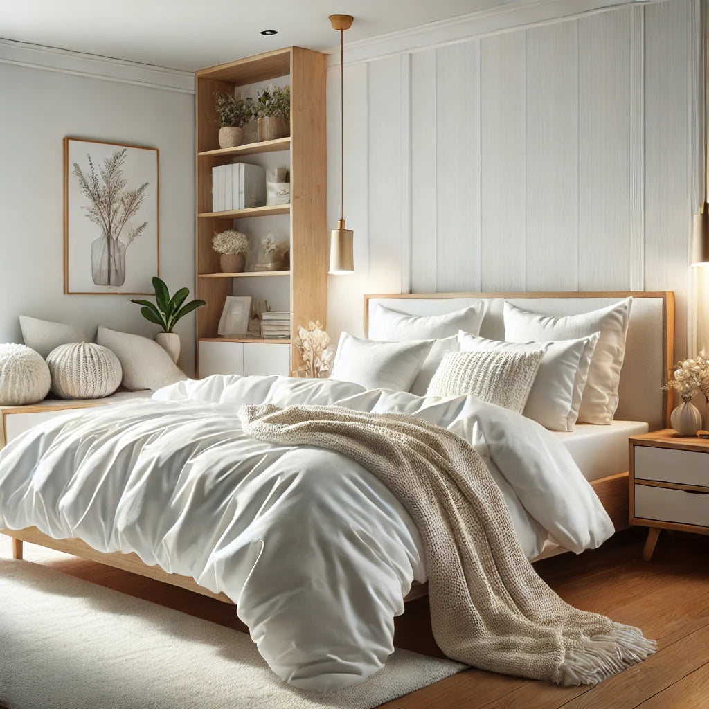 Premium hypoallergenic white minimalist bedsheet made from 100% cotton, featuring a soft and breathable 300 thread count for a comfortable and allergy-free sleep experience.