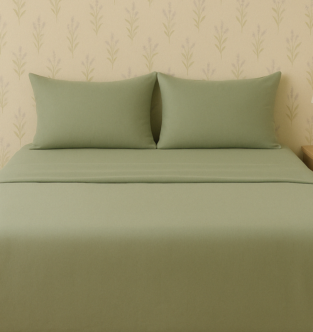 Full view of a bed made with sage green sheets and pillows, styled in a cozy spring bedroom.