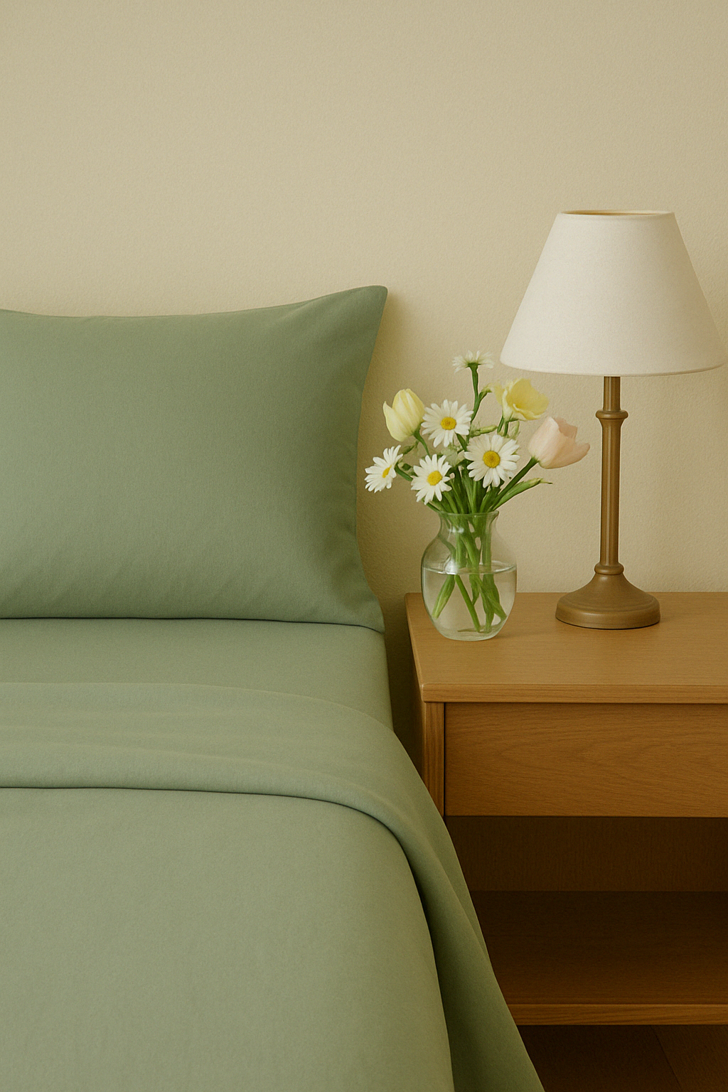 A sage green minimalist duvet cover from a colorful bedding set, featuring USA-made sheets that bring a modern, serene look to any bedroom.